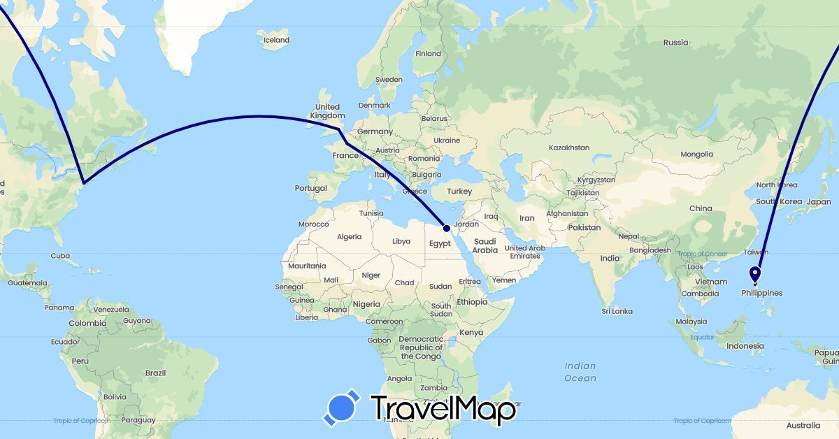 TravelMap itinerary: driving in Egypt, France, United Kingdom, Mexico, United States (Africa, Europe, North America)